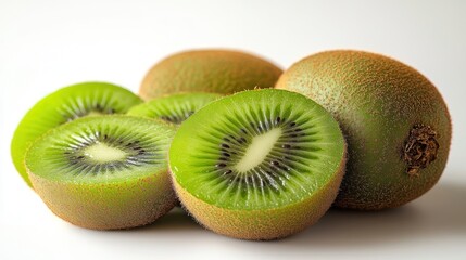 Fototapeta premium Freshly sliced kiwi fruits on a white background.
