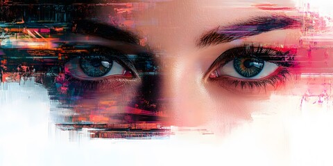 Artistic composition of blue human eye with digital glitch effect in a vibrant color scheme