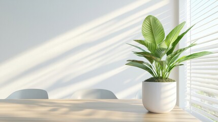 Fototapeta premium luxury bathroom sparkle Concept. A potted plant on a wooden table with sunlight casting shadows on a textured wall.