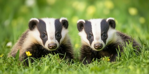 Two young badgers, known scientifically as Meles meles, are captured in a summer meadow. One badger faces forward while the other badger forages in the grass. Space for copy included.