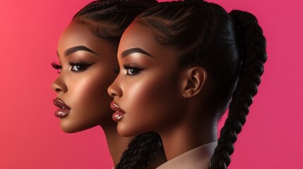 Obraz premium Two black women stand confidently side by side, their striking profiles illuminated by warm lighting. The backdrop features bold colors that enhance their beauty and individuality
