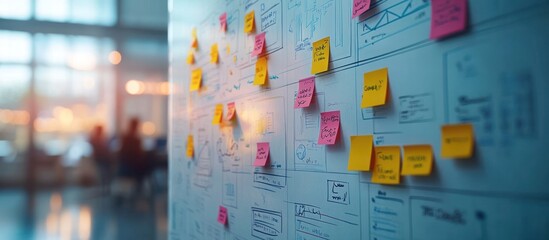 A whiteboard covered in colorful sticky notes with handwritten notes.