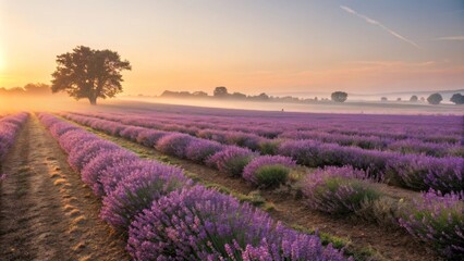Obraz premium Picturesque lavender field at sunrise with rows of purple blooms