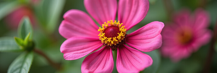 Fototapeta premium A vibrant pink flower with a red center and yellow stamens.