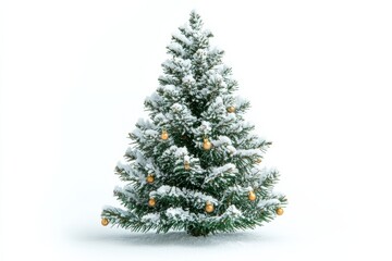 Fototapeta premium Snow-covered Christmas tree adorned with golden ornaments captures the festive spirit during winter celebrations