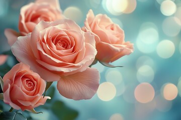 Beautiful pastel pink roses on a soft, blurred background, with copy space for valentines. 