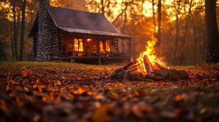 Cozy autumn cabin with warm fire at sunset.