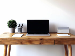 Fototapeta premium Minimalist Workspace Desk Setup with Laptop Plant Notebook Plain Background