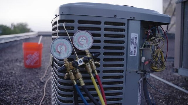 Manifold gauge on air conditioning unit for checking its pump filling capacity. Blurred background.