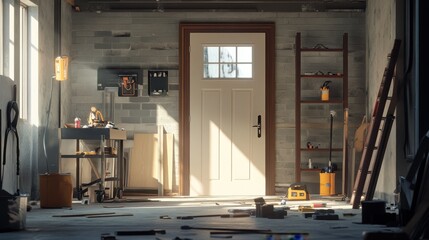 Unfinished Basement Renovation Tools, Ladders, and a Door