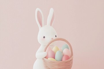 Fototapeta premium Cute Bunny Holding Easter Basket with Colorful Eggs on Pink Background