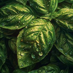 Fototapeta premium Close-up of lush green basil leaves glistening with water droplets, showcasing their rich texture and vibrant color.