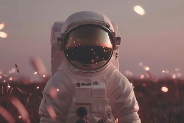 Astronaut in a Field Surrounded by Flowers in Cartoon Style