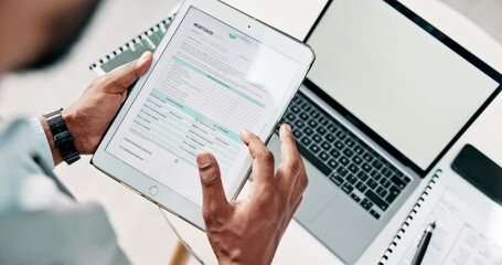 Hands, tablet screen and laptop for scroll, mortgage and online as financial advisor on mockup space. Person, technology and application for investment, property and real estate as broker for banking