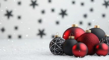 Clean Red and Black Xmas Ornament: 21 Red and black Christmas baubles in a snowy winter setting, 3D illustration