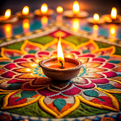Diwali Essence: Glowing Diya and Intricate Rangoli Patterns Illuminate Tradition