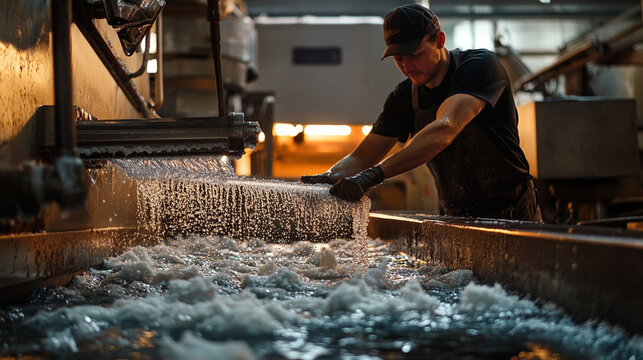 Worker managing water flow in industrial setting during daytime