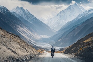 Obraz premium Cyclist Pedaling Through Mountain Valley Landscape in Stunning Nature