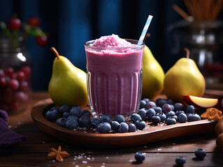 Gorgeous Glass cup with juice of blueberries and blueberries on table. Dark background
