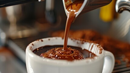 A shot of espresso being pulled into a cup of creamy cacao creating a delectable mocha beverage.