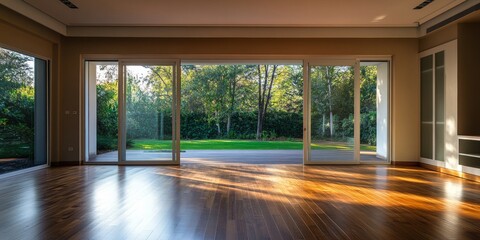 Spacious empty living room featuring large sliding doors that lead to a backyard, creating an inviting atmosphere in the living room while enhancing the potential for natural light.