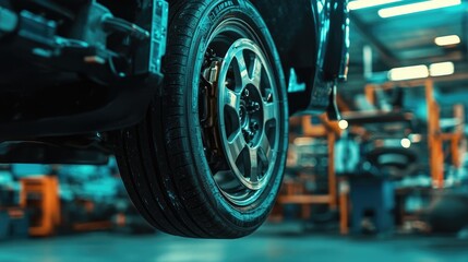 Fototapeta premium Close-Up of Sports Car Wheel in Automotive Workshop Setting