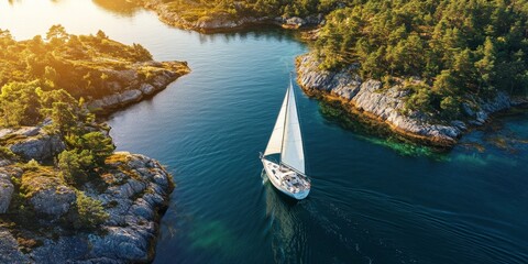 Fototapeta premium A sailboat glides through serene waters during summer holidays, capturing the essence of adventure and relaxation offered by an idyllic sailing experience in the archipelago.
