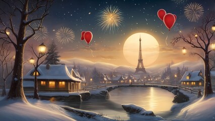 A serene winter night scene with the Eiffel Tower in the distance. A romantic Christmas evening in a small town