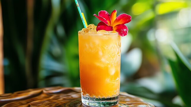 A refreshing tropical cocktail garnished with a vibrant flower.