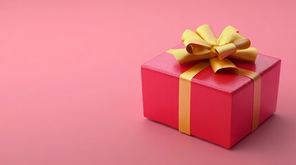 Fototapeta premium Red Gift Box with Yellow Bow on Pink Surface Creating a Vibrant and Modern Holiday Presentation