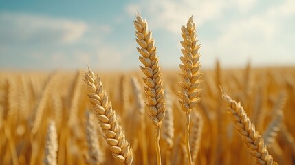 Fototapeta premium Golden wheat stalks in a field under a blue sky.