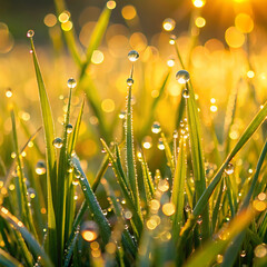 Dew-Kissed Grass: A Close-Up of Morning's Freshness and Beauty