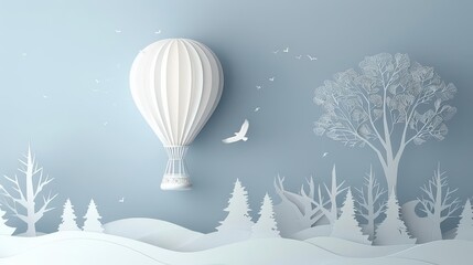 Obraz premium Peaceful Morning Flight. Tranquil Hot Air Balloon Journey Over Natural Landscape concept