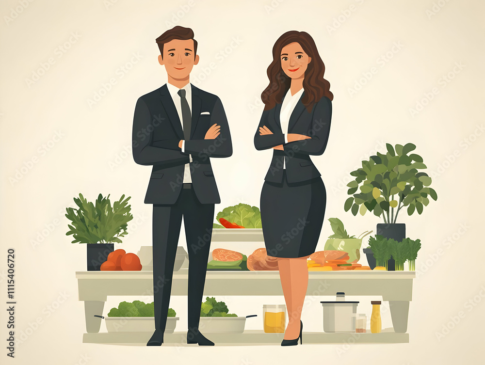 Wall mural Senior Couple Cooking Together in Bokeh Background - Flat Vector Illustration