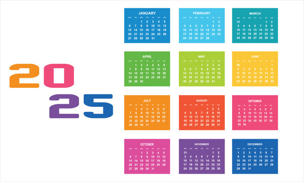 2025 calendar. simple calendar set for print, diary, app, website, UI, sticker, design element. Monthly calendar template . vector illustration. EPS 10