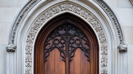Fototapeta premium Intricate Gothic Archway with Decorative Wooden Doors and Stone Design