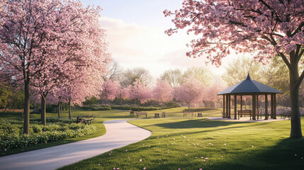 Obraz premium Spring park view with blooming sakura trees, wooden gazebo, green lawns, winding paths, and serene atmosphere.