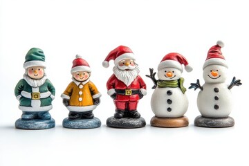 Colorful holiday figurines representing Santa, snowmen, and cheerful children celebrate the festive season with joy