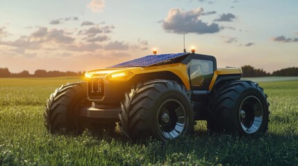 Fototapeta premium Solar-Powered Off-Road Vehicle in a Green Field at Sunset