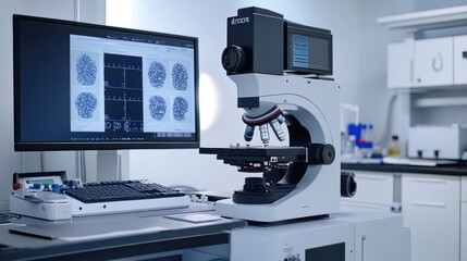 Modern Laboratory Microscope with Computer and Brain Imaging Display