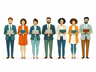 Obraz premium Diverse Professionals Collaborating with Tablets in Soft Abstract Background Vector Illustration