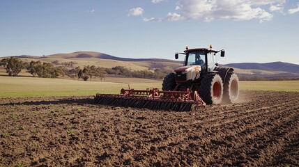 Fototapeta premium Agricultural Tractor Tilling Soil in Rural Landscape under Blue Sky