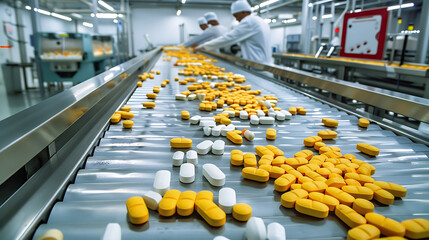 Obraz premium antibiotic tablet production line, pharmaceutical manufacturing. high resolution image. created with Generative AI technology