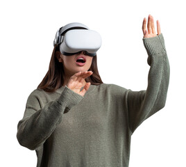 Woman in green sweater wearing VR headset, gesturing with hands, isolated on white background....
