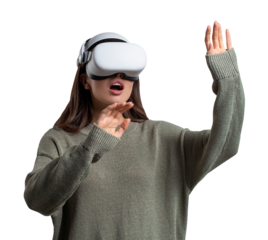 Woman in green sweater wearing VR headset, gesturing with hands, isolated on white background. Concept of virtual reality, technology, immersion