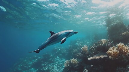 A dolphin swimming gracefully through a vibrant coral reef underwater.