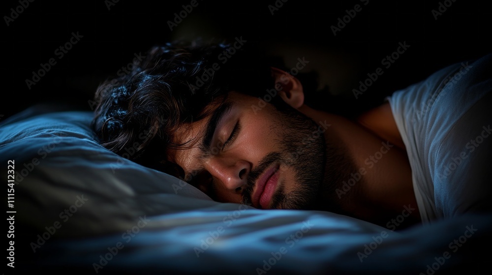 Poster a man is peacefully sleeping on a comfortable pillow, surrounded by gentle shadows. the scene convey