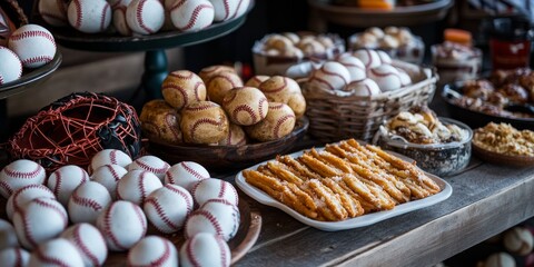 Baseball themed party food featuring baseballs and sports gear displayed on a rustic wooden table. Enjoy a variety of baseball inspired snacks perfect for your next baseball gathering.