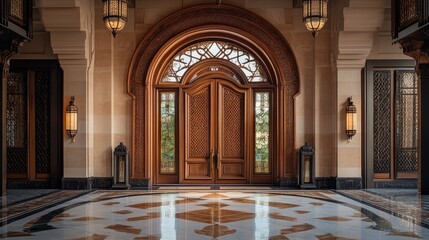 Obraz premium Elegant Entryway with Grand Wooden Doors and Intricate Design
