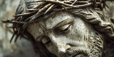 Close up view of a crown of thorns representing Jesus Christ, showcasing intricate details from an ancient stone statue. This macro image highlights the significance of the crown of thorns.